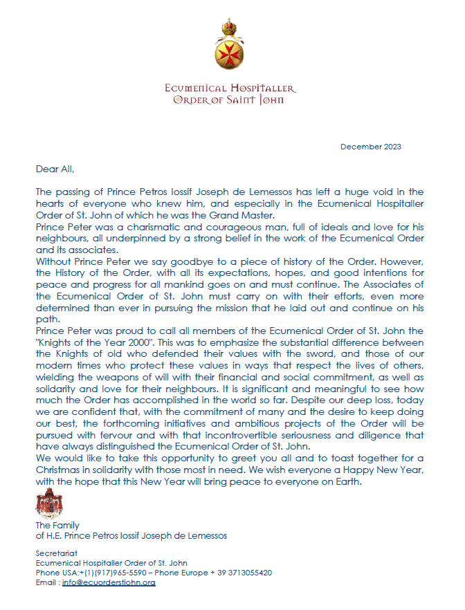 LETTER TO THE KNIGHTS OF THE ECUMENICAL ORDER OF ST JOHN