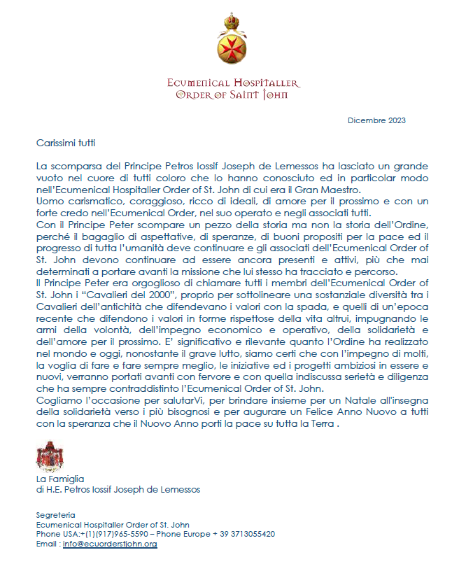 lettera AI CAVALIERI DELLECUMENICAL ORDER OF ST JOHN