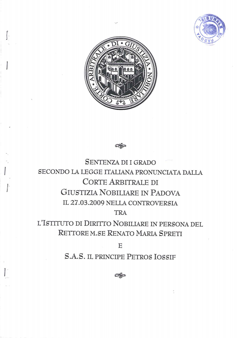 Court Sentence with homologous of the Nobility Law Arbitration in Italian - Padua on 27.03.2009.png